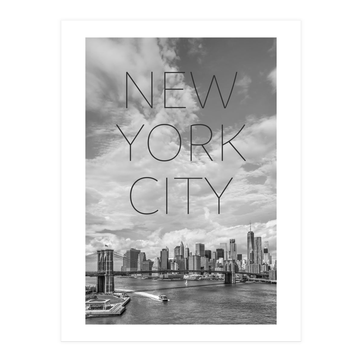 NYC Brooklyn Bridge & Lower Manhattan | Text & Skyline (Print Only)