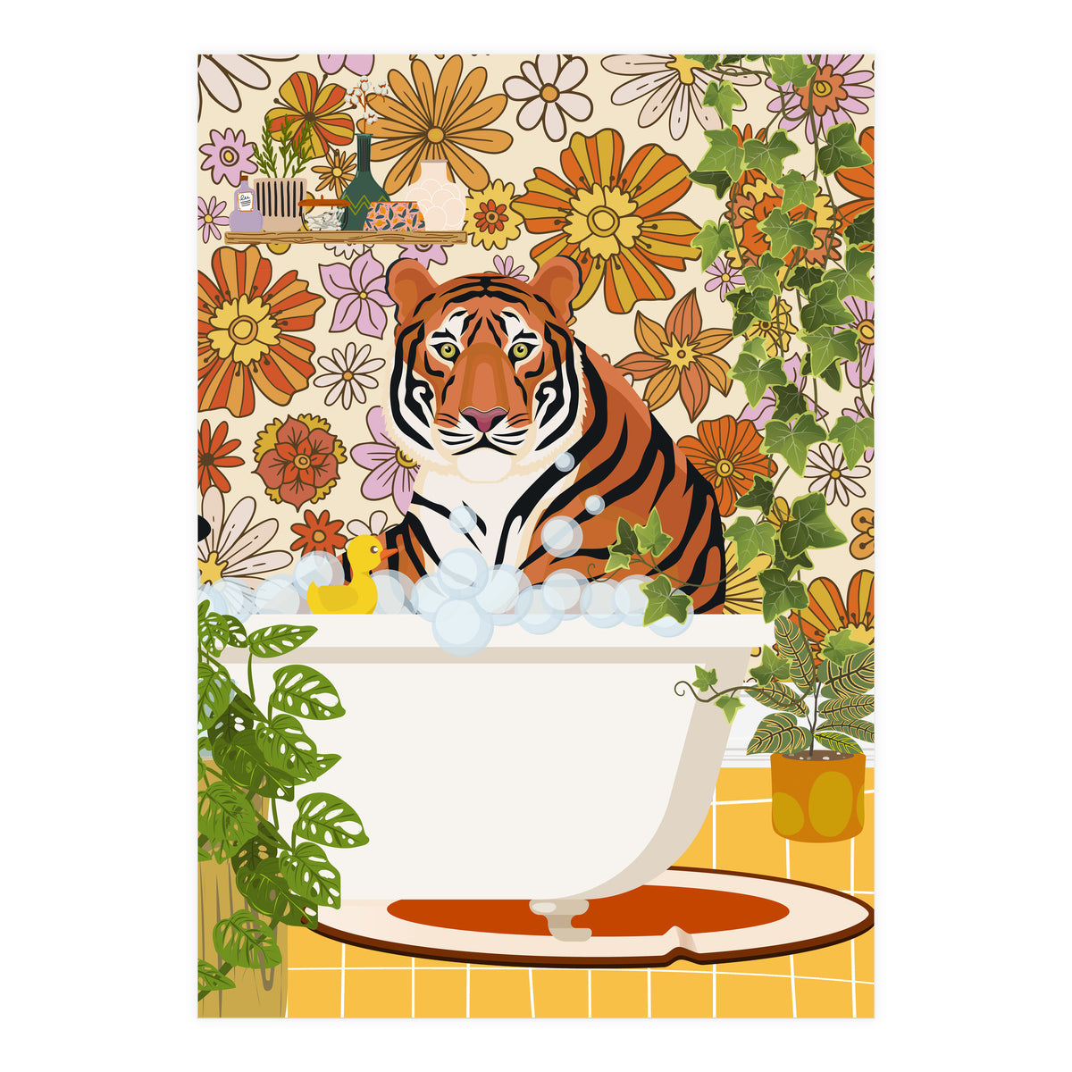 Tiger Bathing in Groovy Bathroom (Print Only)