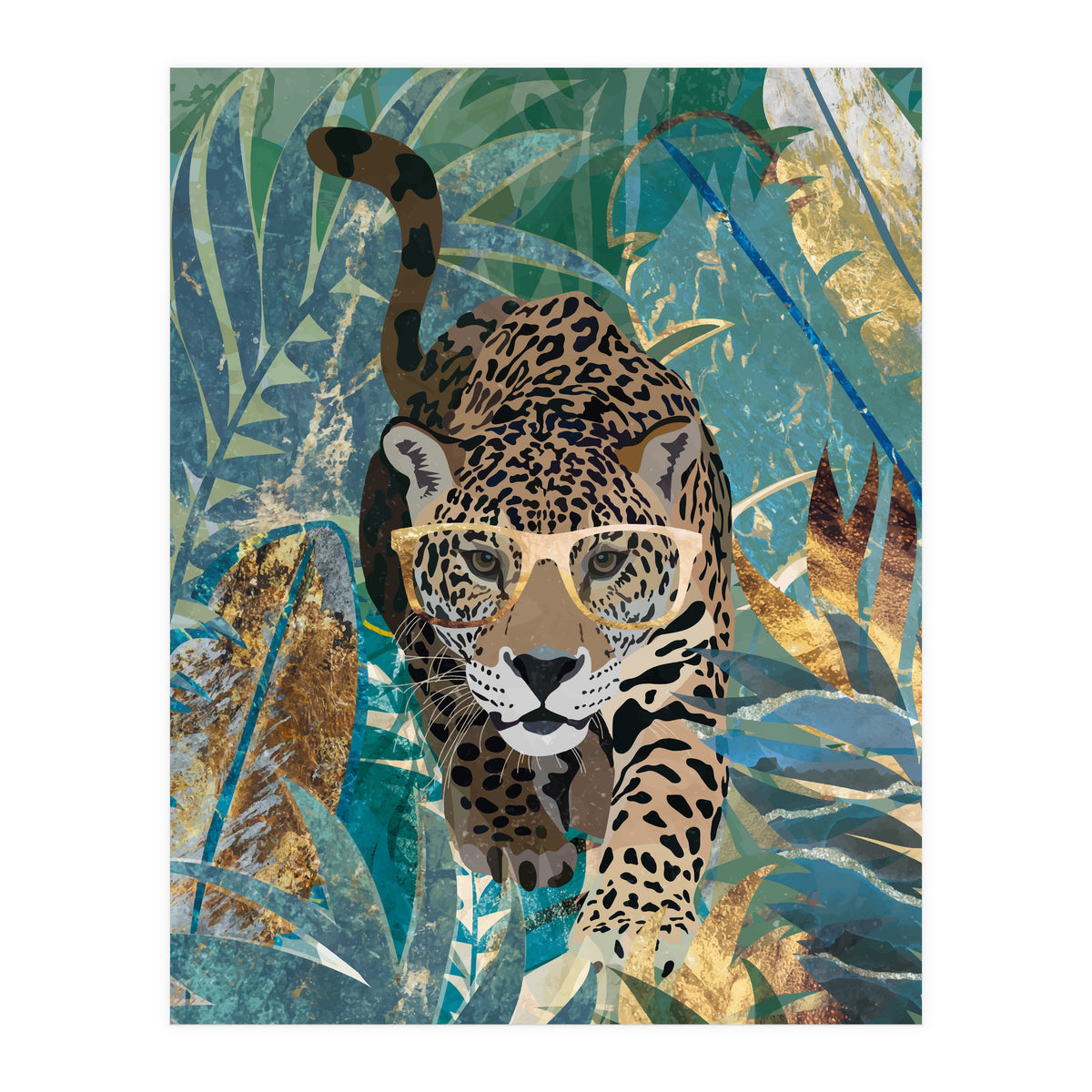 Jaguar in the gold and green tropical jungle (Print Only)