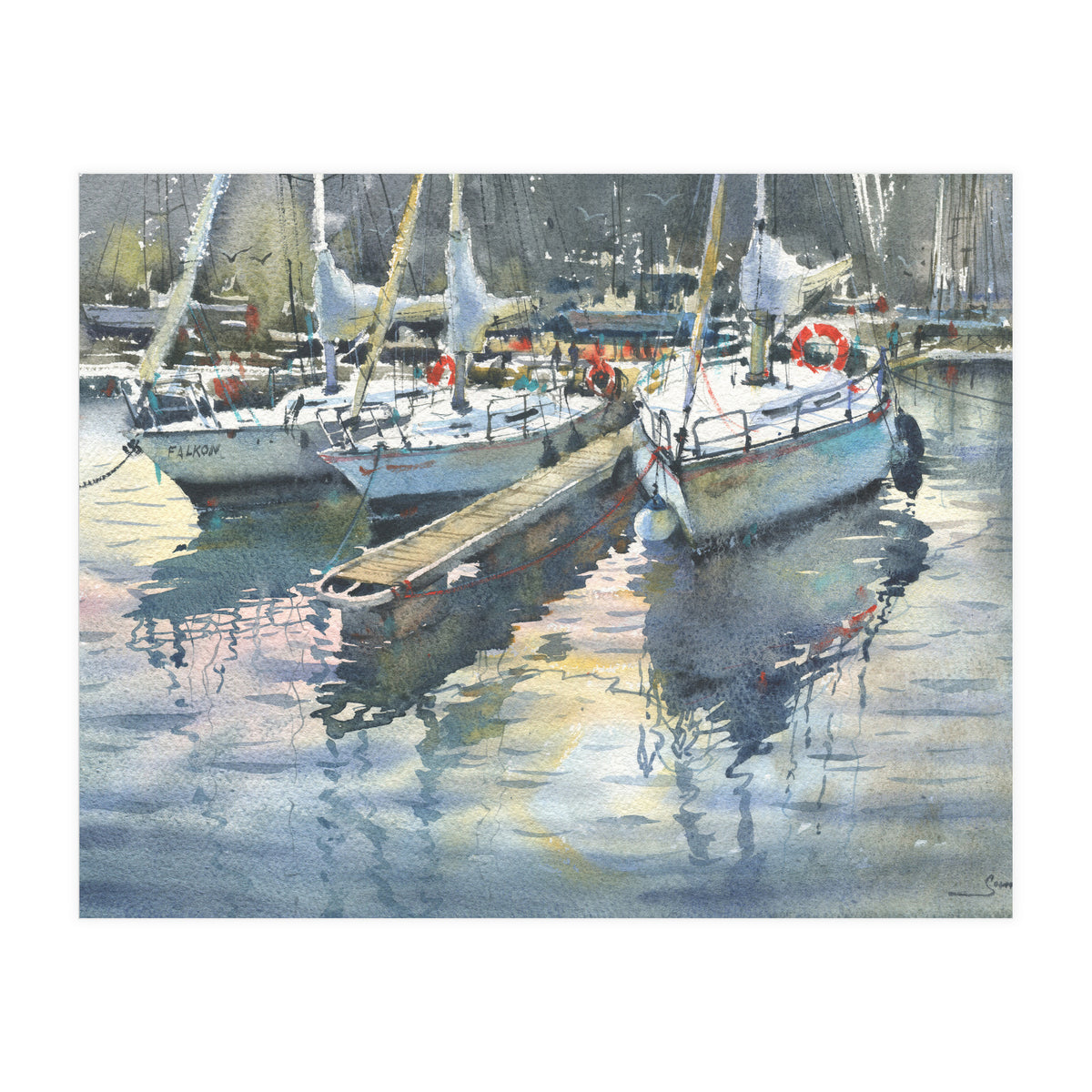 Yachts in the port. Watercolor painting (Print Only)
