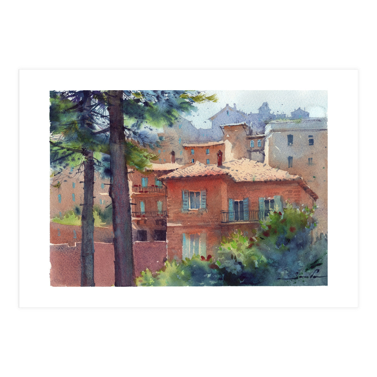 Sunny city landscape. Watercolor (Print Only)