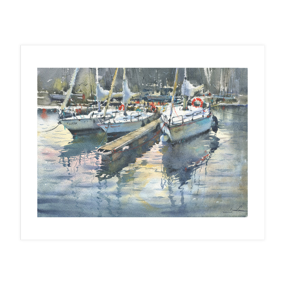 Yachts in the port. Watercolor painting (Print Only)