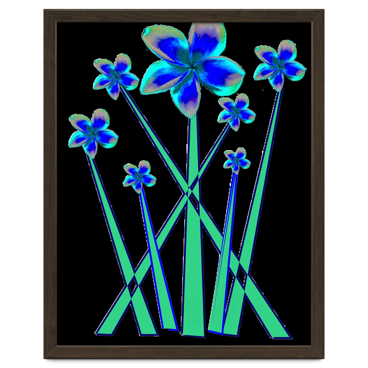 Blue flowers on black.