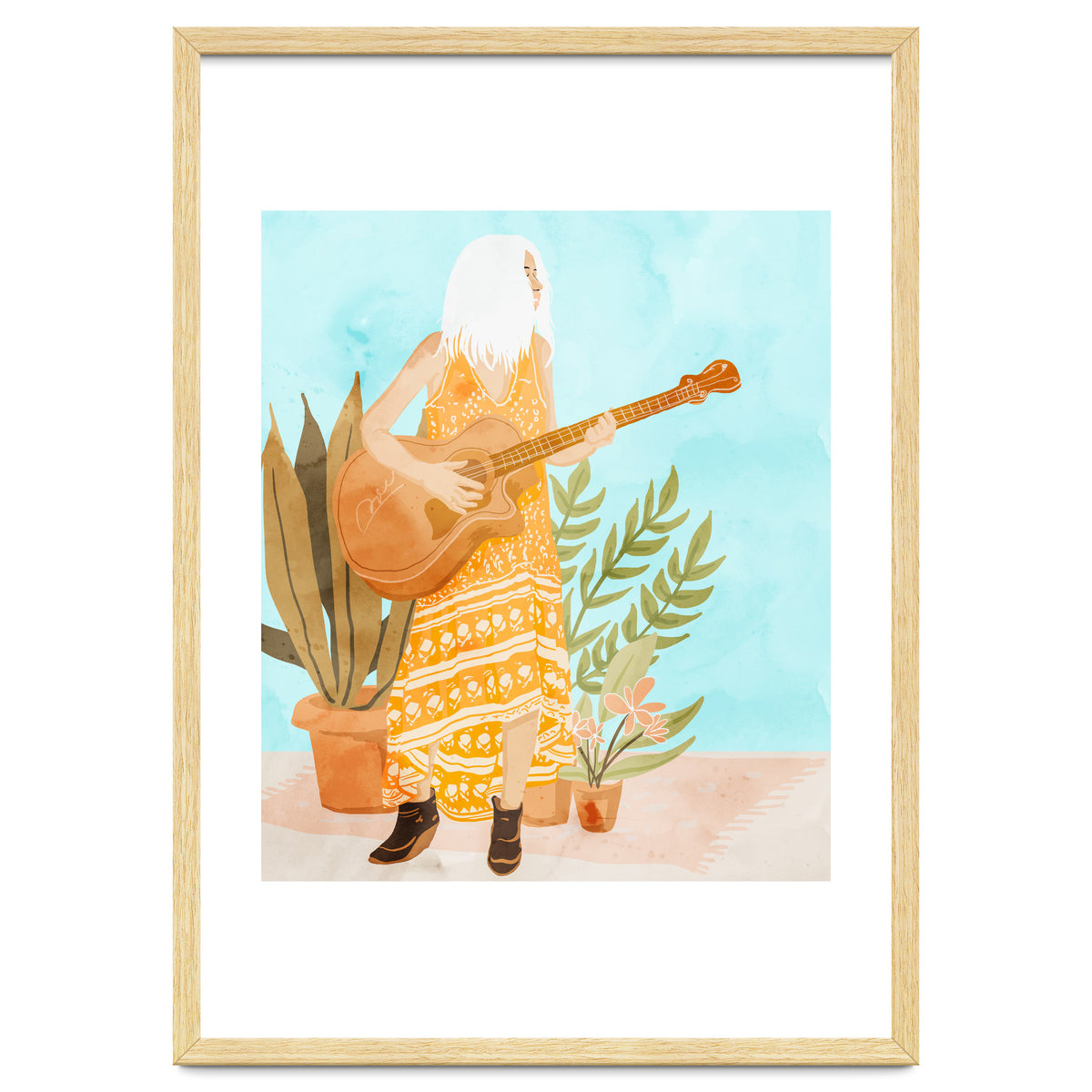 Music Soothes My Soul | Urban Hippie Bohemian Woman Playing the Guitar | Plant Lady Painting