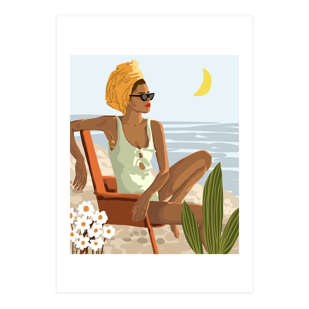 Moon Child, Beach Vacation, Black Woman Illustration Travel Ocean, Tropical Bohemian Fashion (Print Only)
