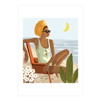 Moon Child, Beach Vacation, Black Woman Illustration Travel Ocean, Tropical Bohemian Fashion (Print Only)