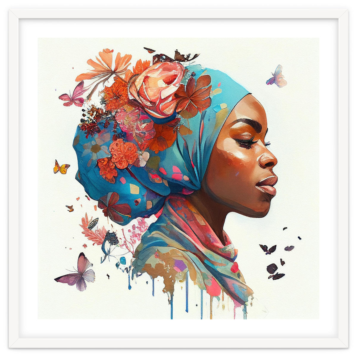 Watercolor Floral Muslim African Woman #2