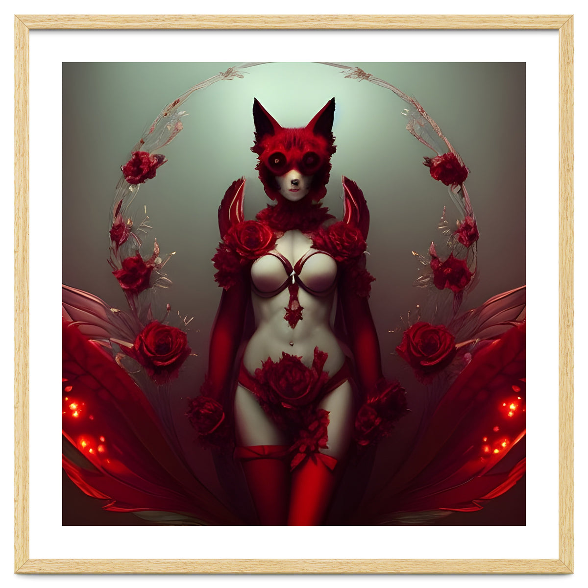 Red Floral Fox Vixen in Lingerie with Roses