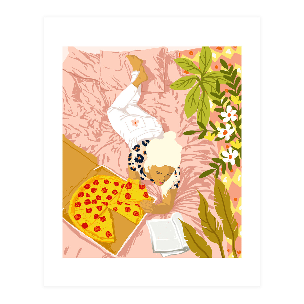 Pepperoni Pizza | Holiday Weekend Food Binge | Modern Bohemian Woman Reading in a Pastel Bedroom (Print Only)