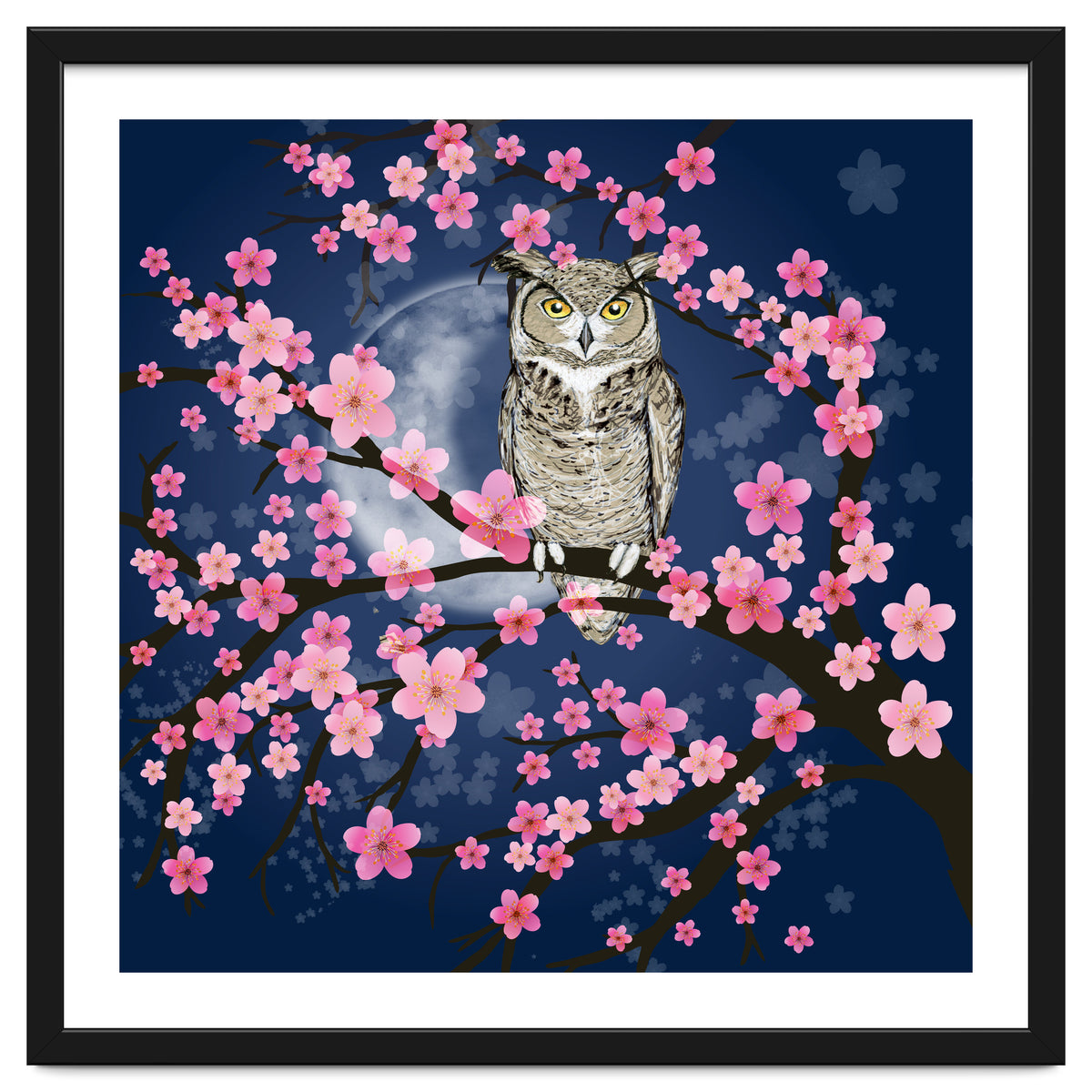 Great horned owl in a blossom tree