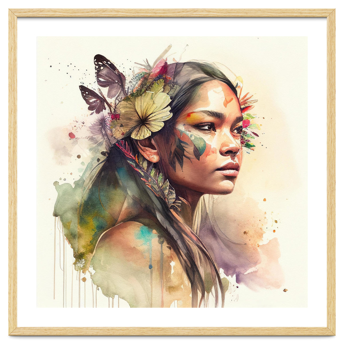 Watercolor Floral Indian Native Woman #2