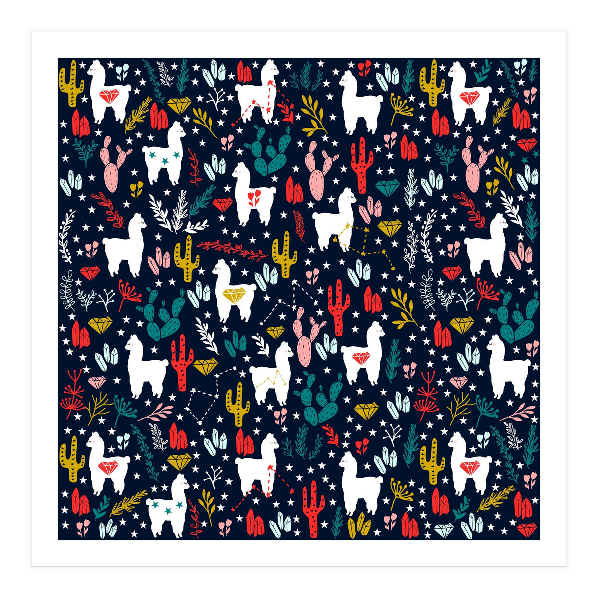 Cute Alpaca Pattern with Cacti, Stars and Crystals (Print Only)