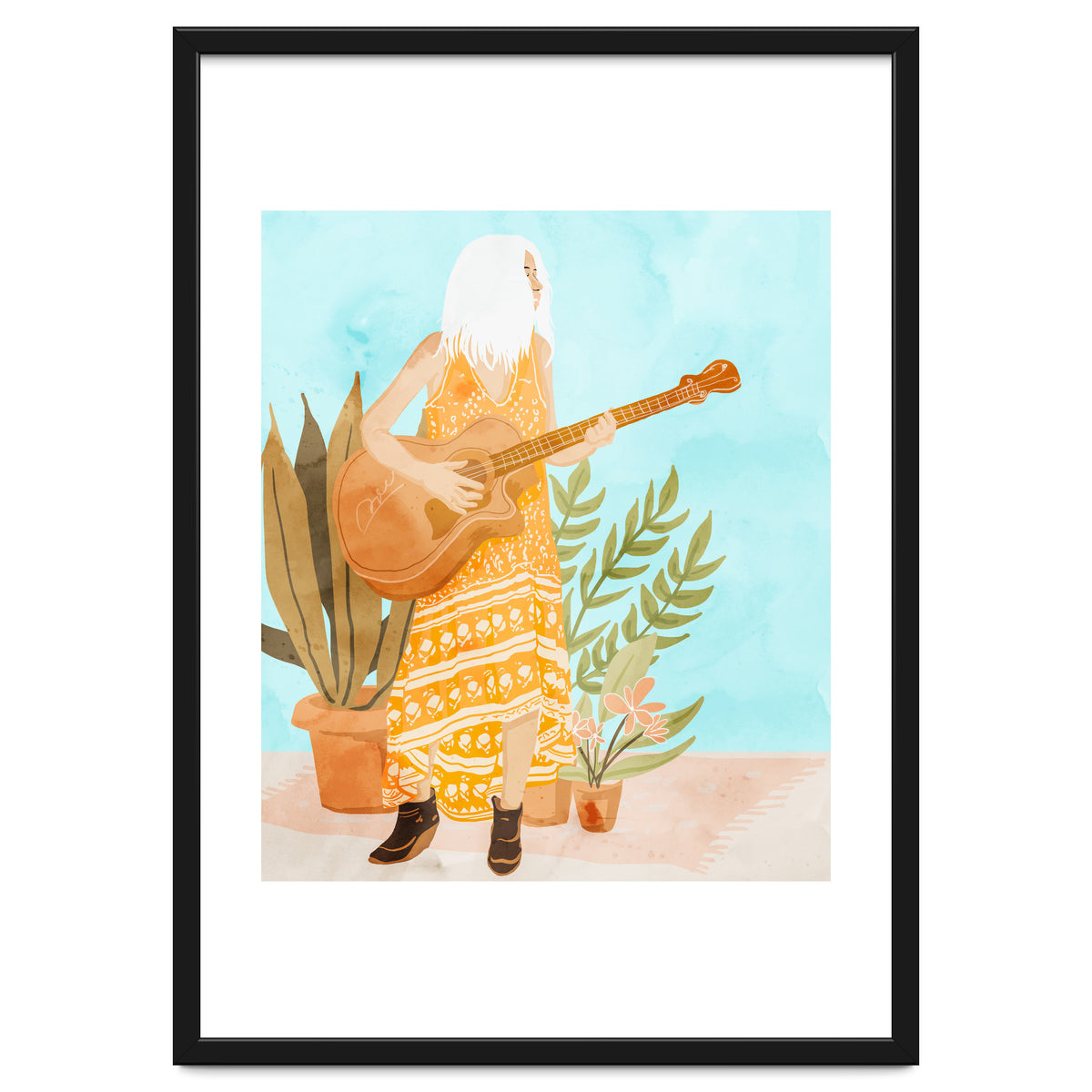 Music Soothes My Soul | Urban Hippie Bohemian Woman Playing the Guitar | Plant Lady Painting