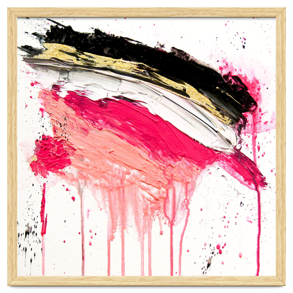 Modern Abstract Pink Black Gold Brushstrokes Splatters Acrylic