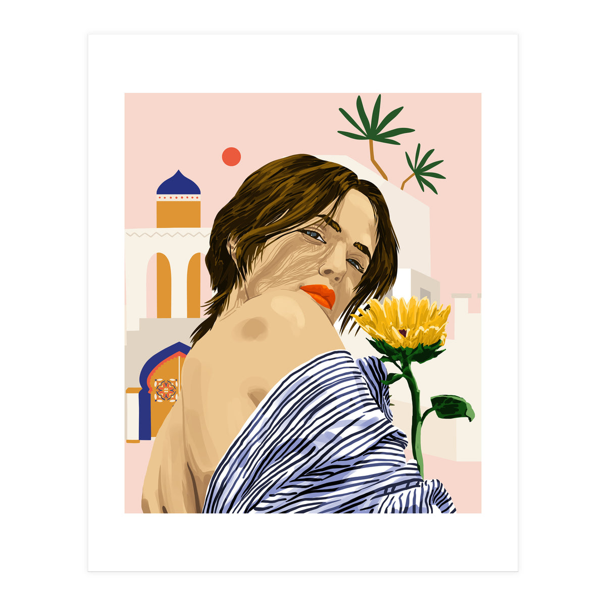 I Travel, I Become | Morocco Architecture Illustration, Bohemian Woman Tropical Sunflower Boho Palm  (Print Only)