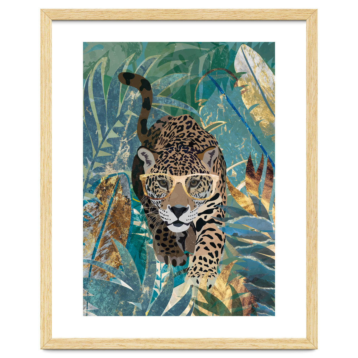 Jaguar in the gold and green tropical jungle