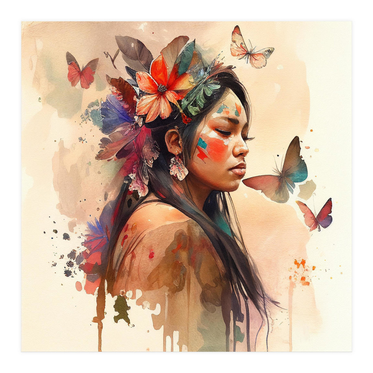 Watercolor Floral Indian Native Woman #8 (Print Only)
