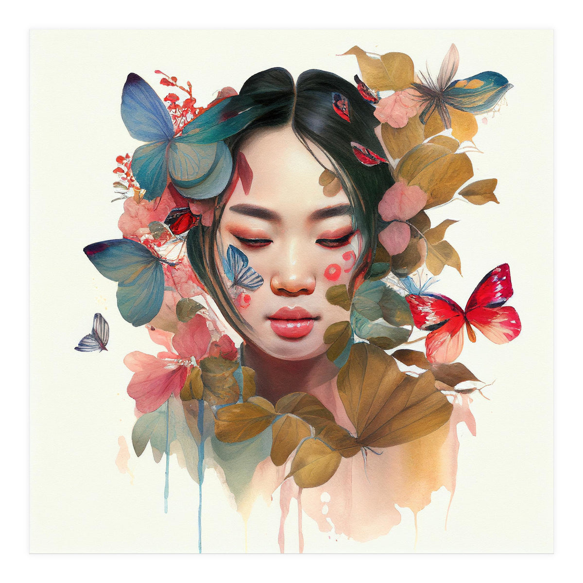 Watercolor Floral Asian Woman #9 (Print Only)