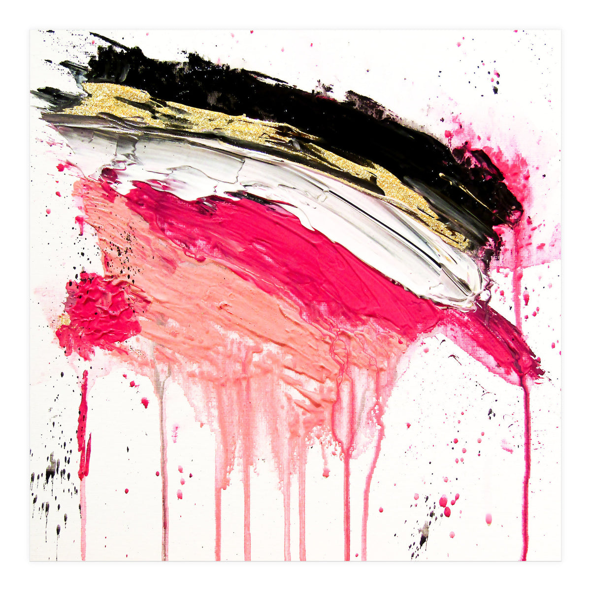 Modern Abstract Pink Black Gold Brushstrokes Splatters Acrylic (Print Only)