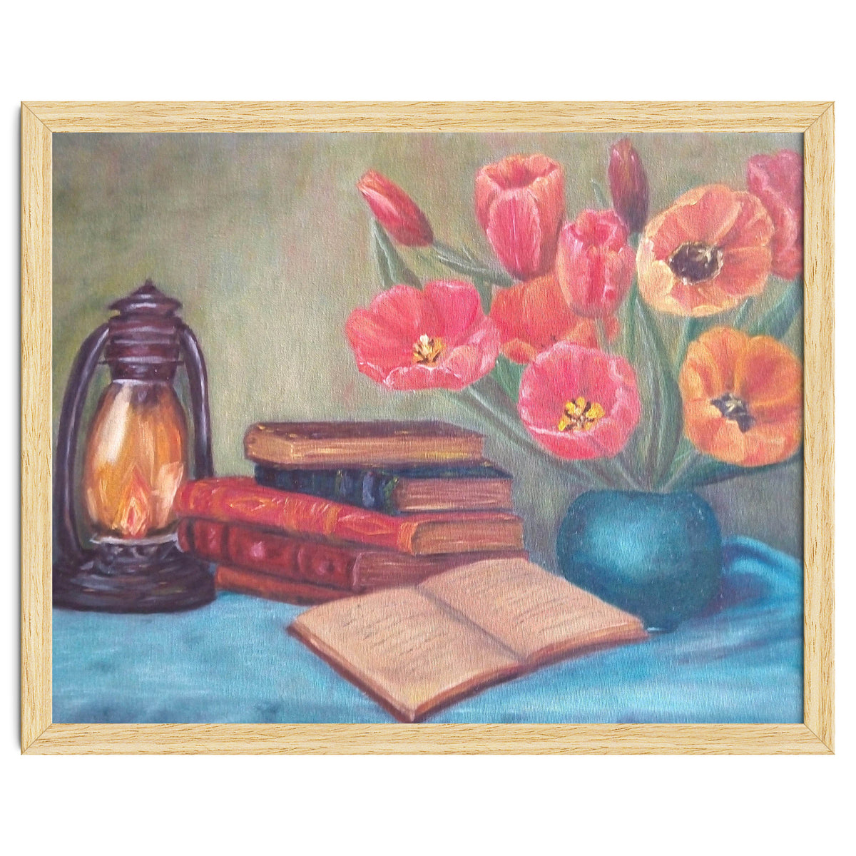 Still life with tulips, books and an old lamp.