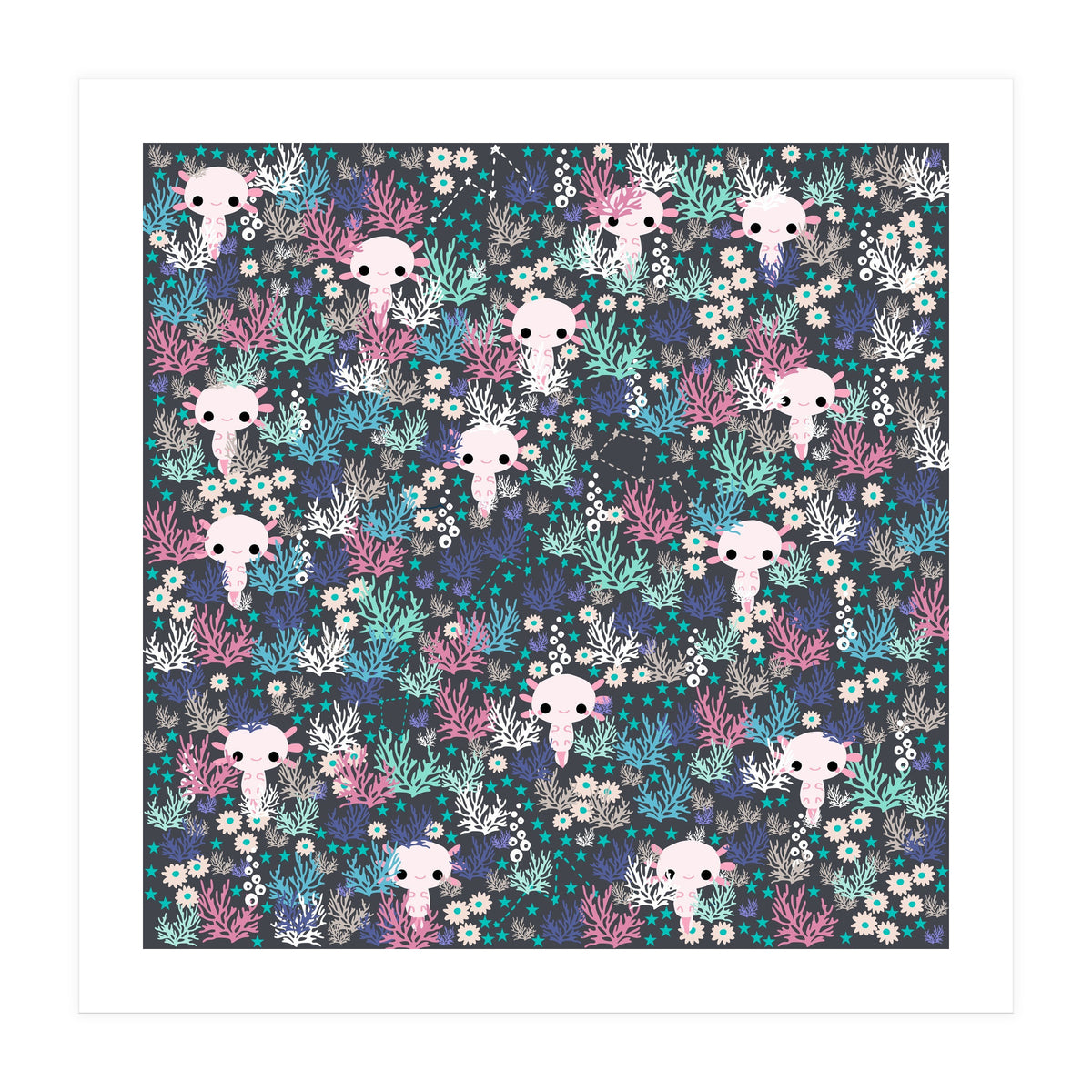Cute underwater axolotl pattern with coral (Print Only)