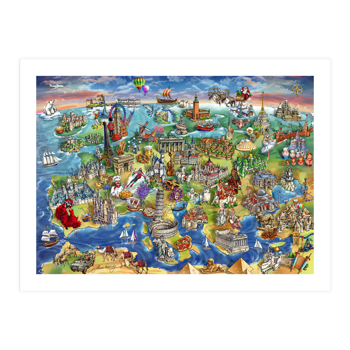 European World Wonders Illustrated Map (Print Only)