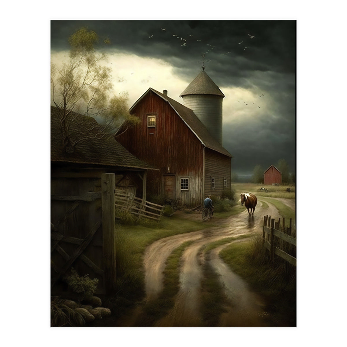 19th Century Farm Scene Oil Painting (Print Only)
