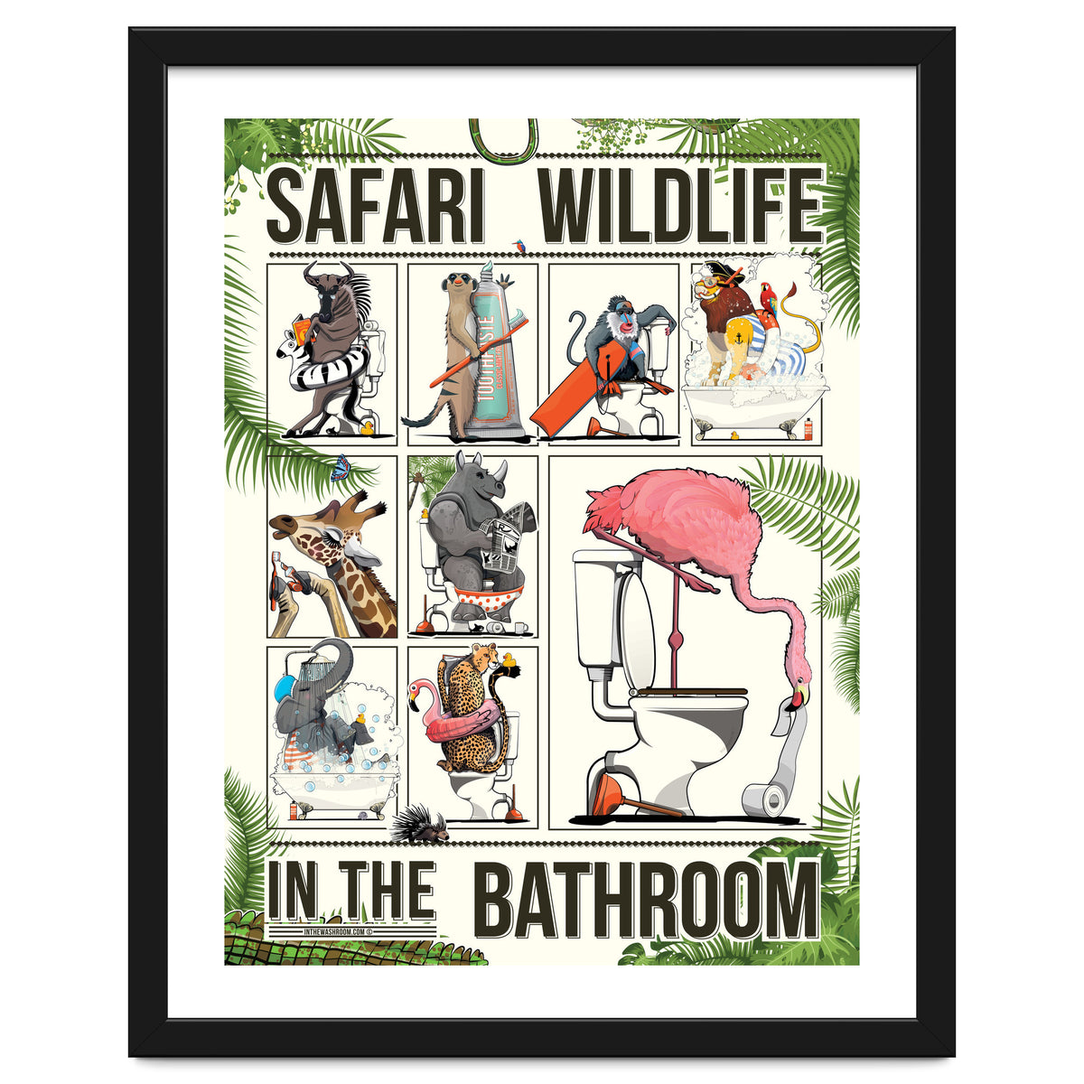 Safari wildlife animals in the bathroom, funny toilet humour.