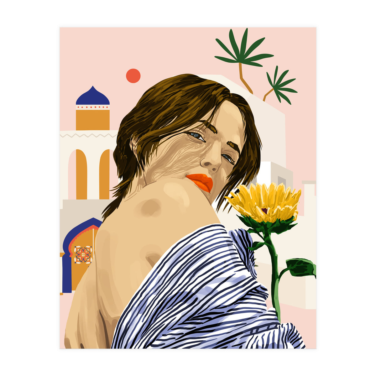 I Travel, I Become | Morocco Architecture Illustration, Bohemian Woman Tropical Sunflower Boho Palm  (Print Only)