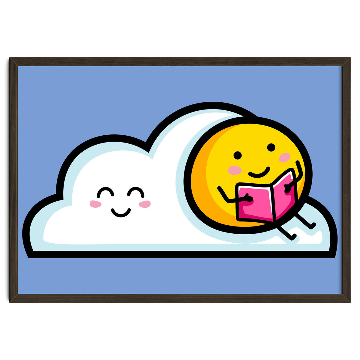 Kawaii Cute Sun Reading A Book On A Cloud