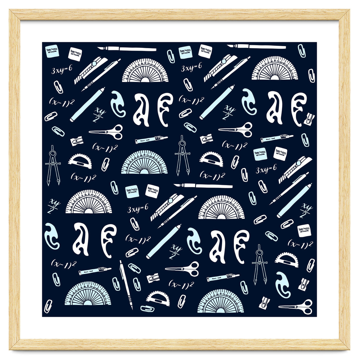 Mathematics and Geometry Pattern with protractors, mechanical pencils and erasers