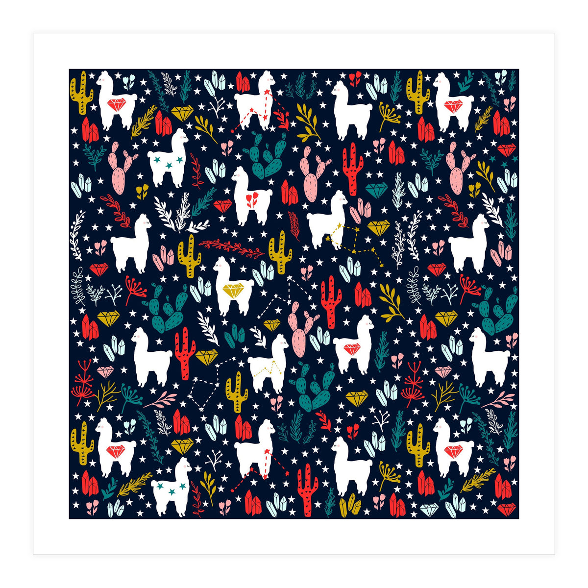 Cute Alpaca Pattern with Cacti, Stars and Crystals (Print Only)