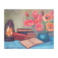 Still life with tulips, books and an old lamp. (Print Only)