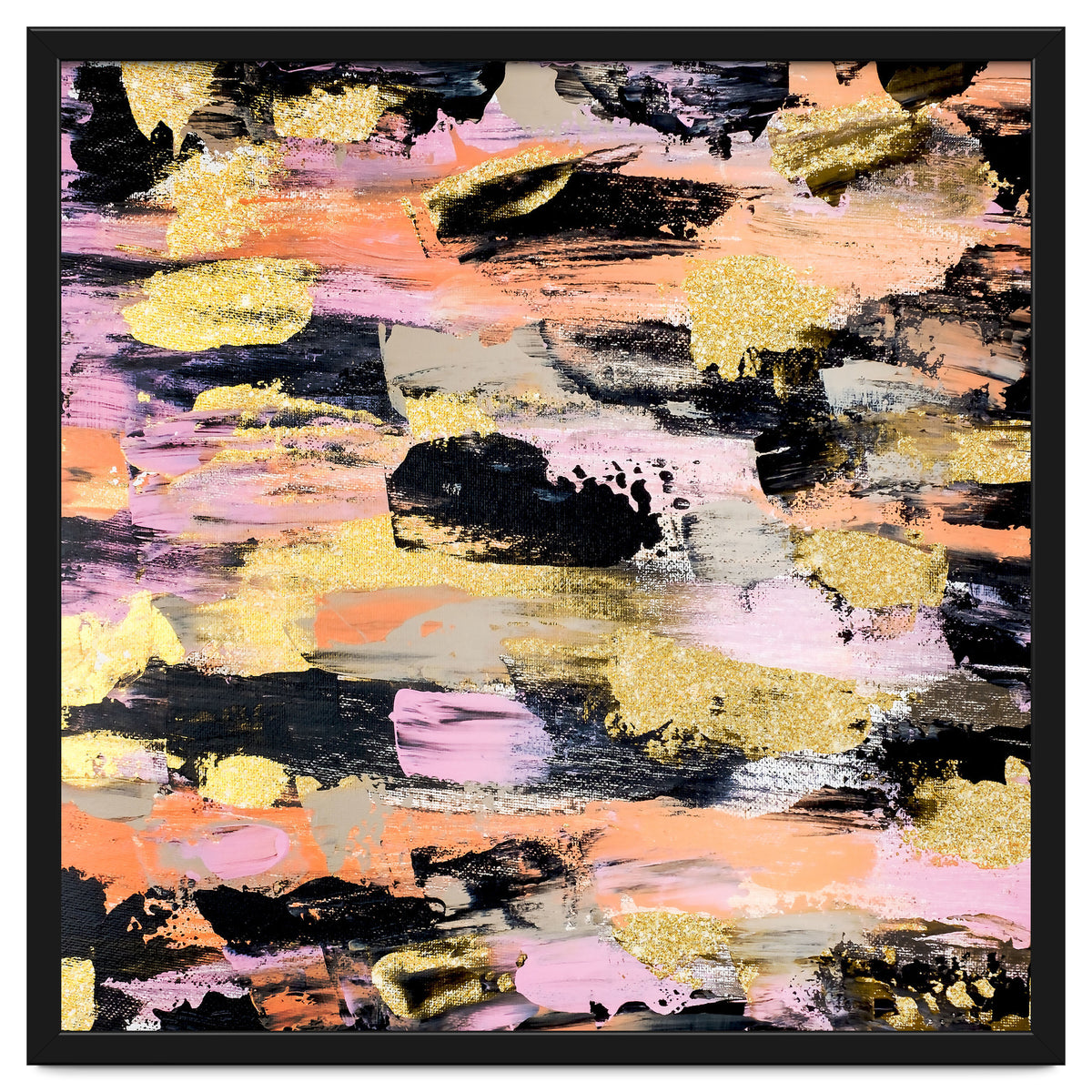 Modern Abstract Black Pink Salmon Gold Acrylic Brushstrokes Paint