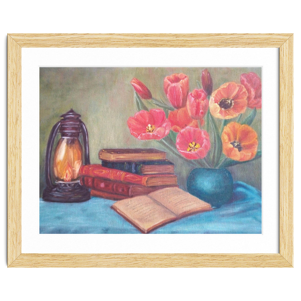 Still life with tulips, books and an old lamp.