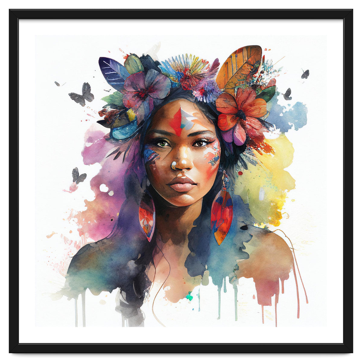 Watercolor Floral Indian Native Woman #1