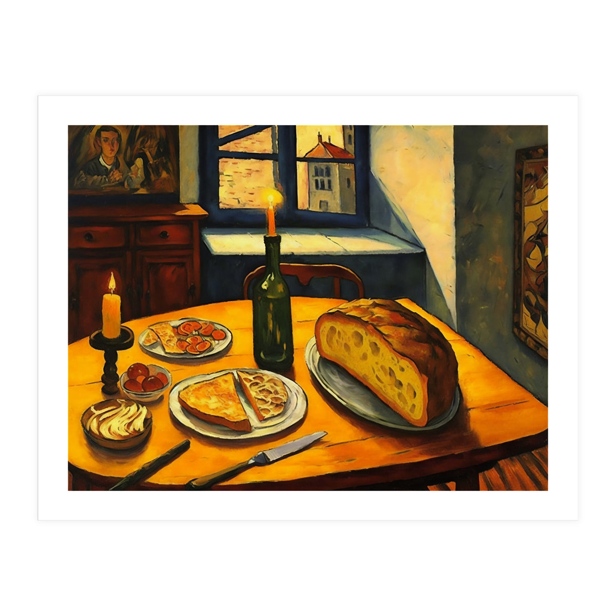 Table Setting of Bread and Cheese Oil Painting (Print Only)