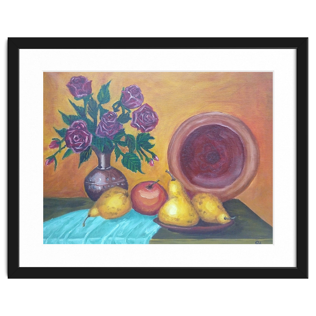 Still life with pears, roses and a dish.