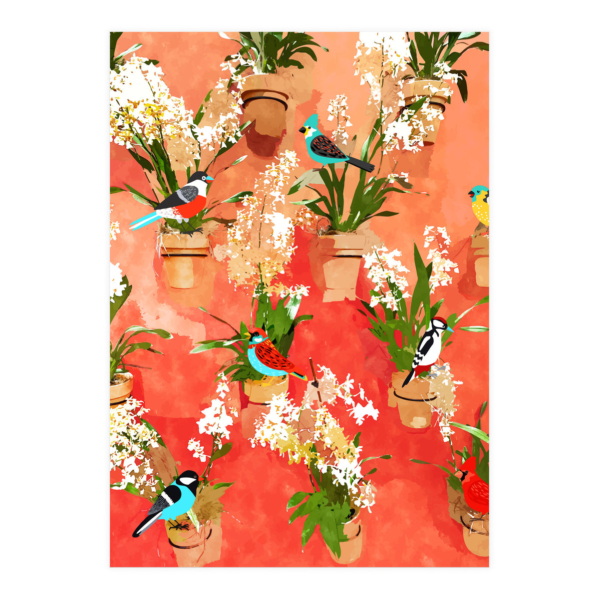 Birds of different feathers flock together | Biodiversity Wildlife Animals Red Watercolor Painting (Print Only)