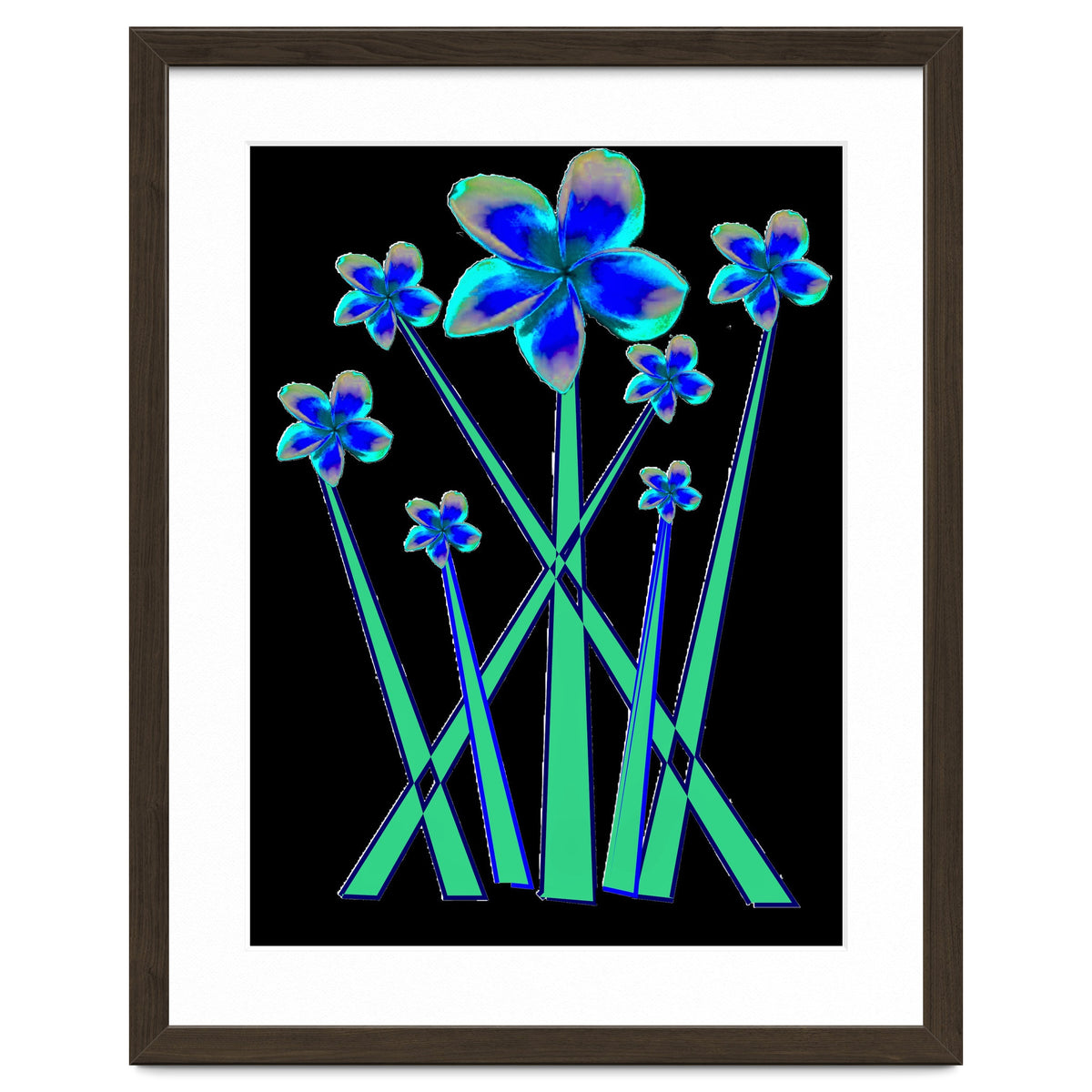 Blue flowers on black.