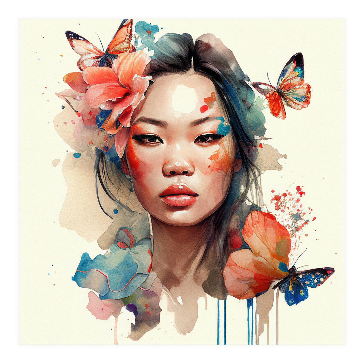 Watercolor Floral Asian Woman #1 (Print Only)