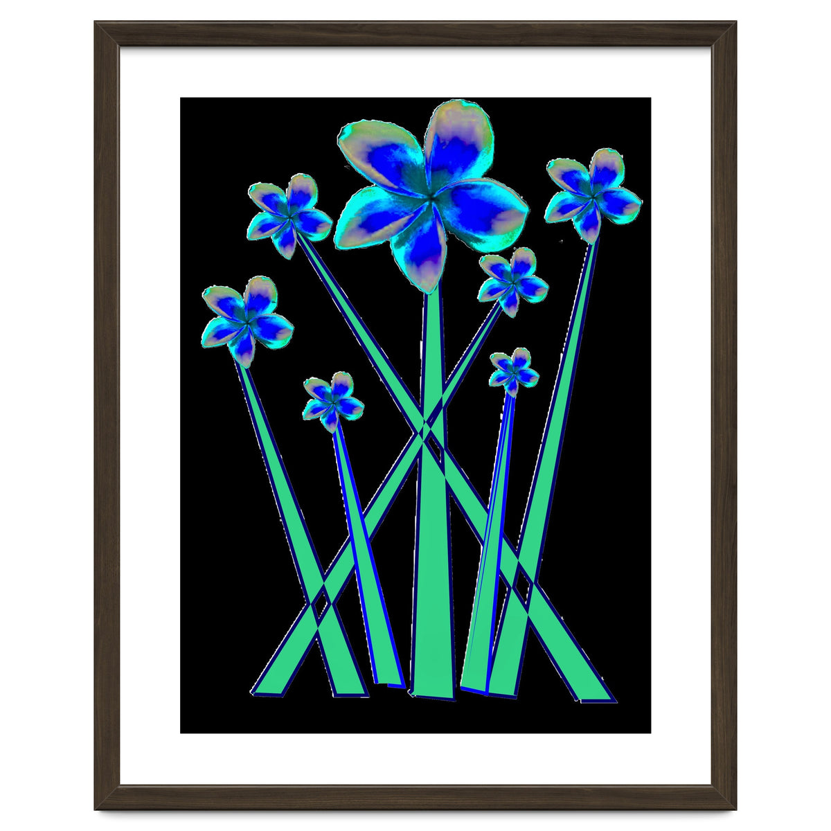 Blue flowers on black.