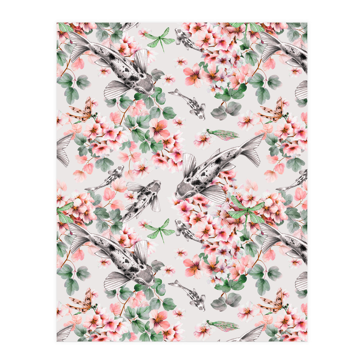 Asian fish among flowers (Print Only)