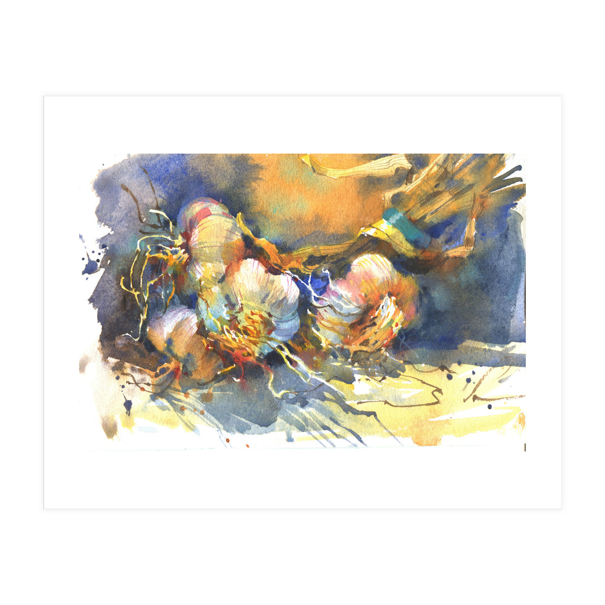 Garlic still life watercolor painting for kitchen  (Print Only)