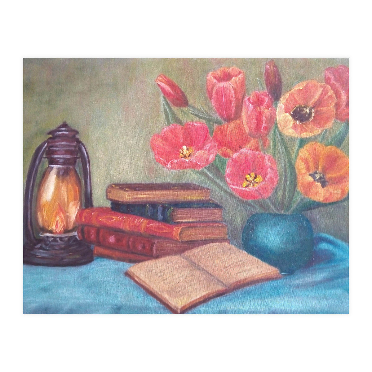 Still life with tulips, books and an old lamp. (Print Only)