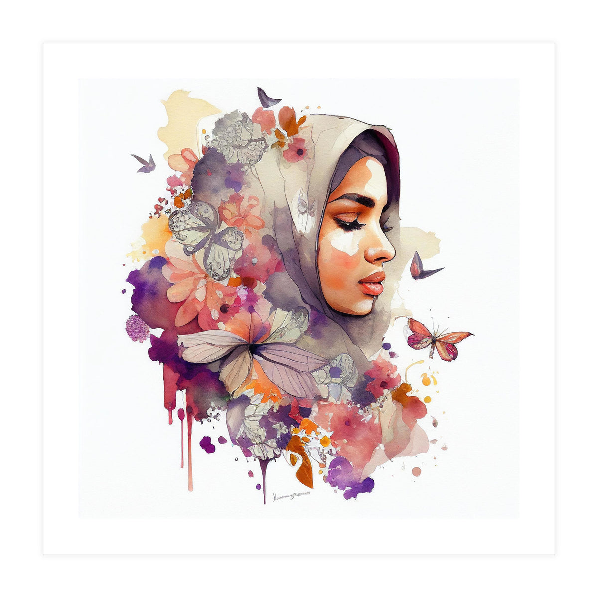 Watercolor Floral Muslim Arabian Woman #6 (Print Only)