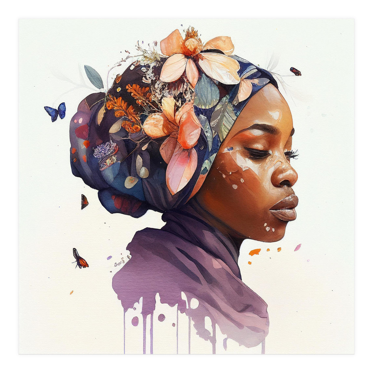 Watercolor Floral Muslim African Woman #4 (Print Only)