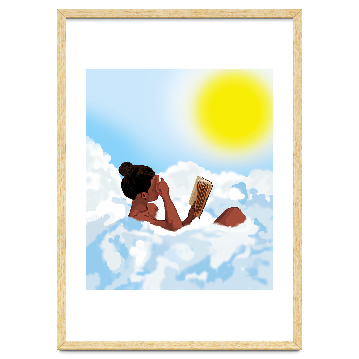 Reading on Clouds, Black Woman Summer Sunny Day Book Painting, Bohemian Nude