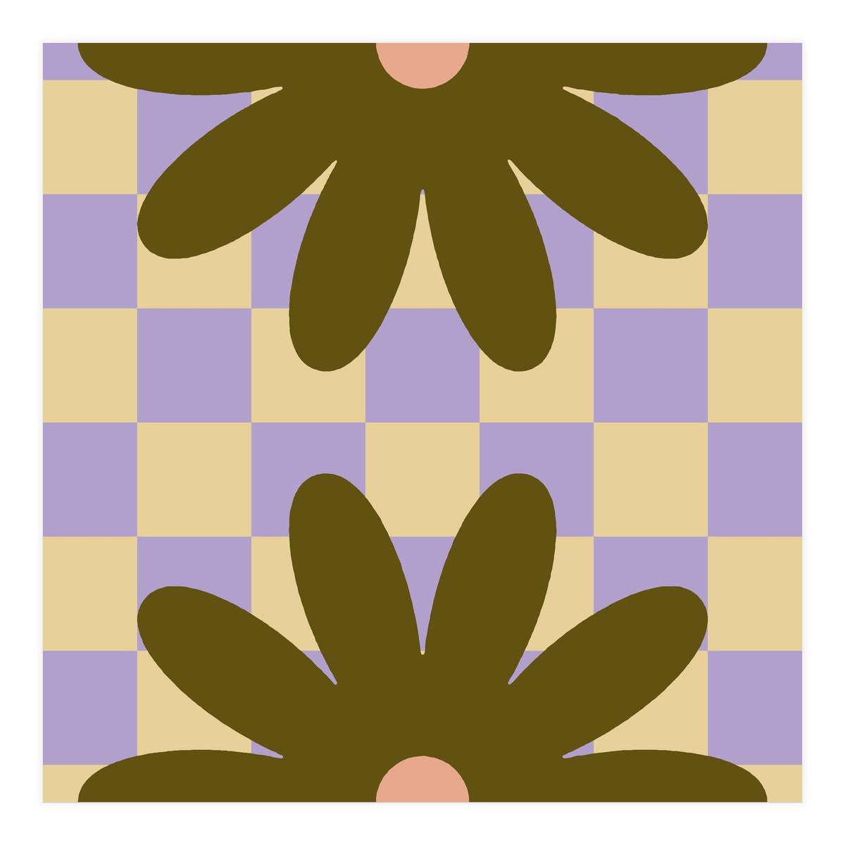 Retro Geometric Simple Flower on Checkerboard (Print Only)