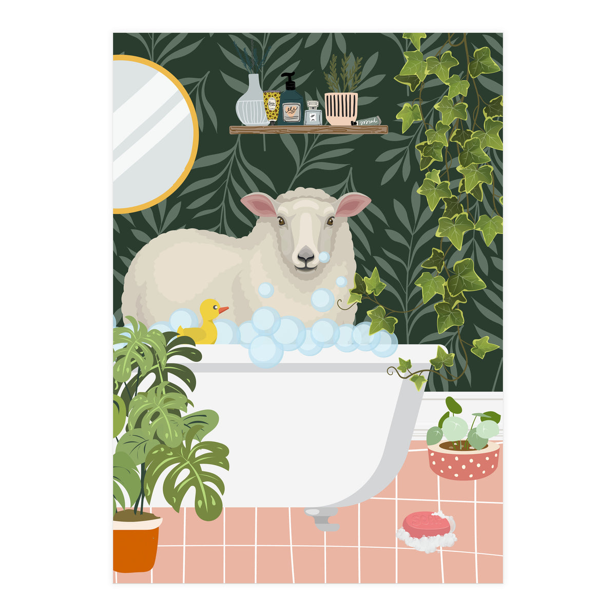 Sheep in Botanical Bathroom (Print Only)